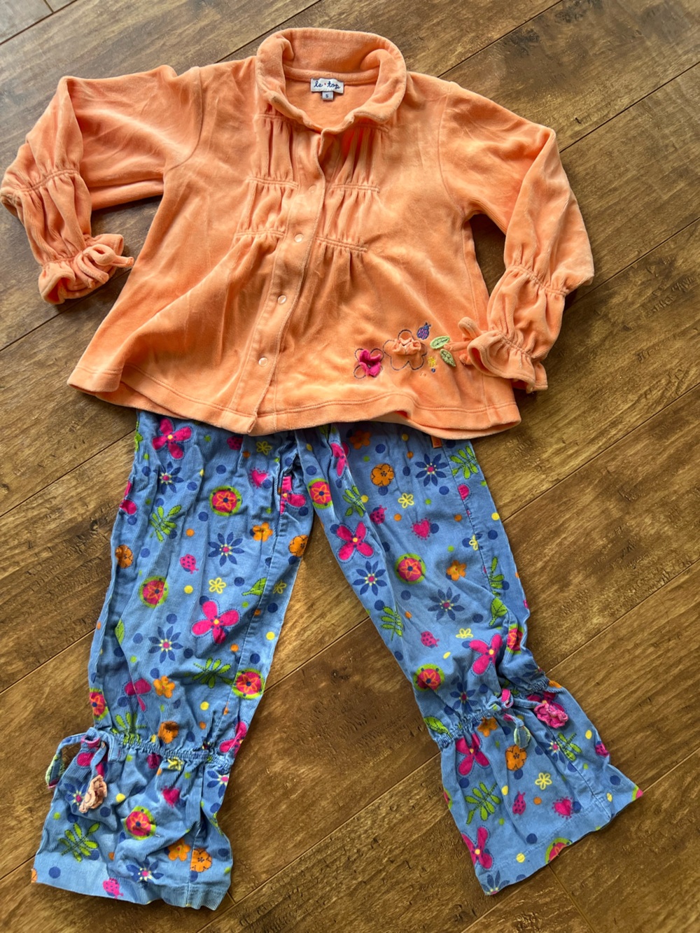 Girls' Orange Velour Top with Blue Floral Pants Set size 5